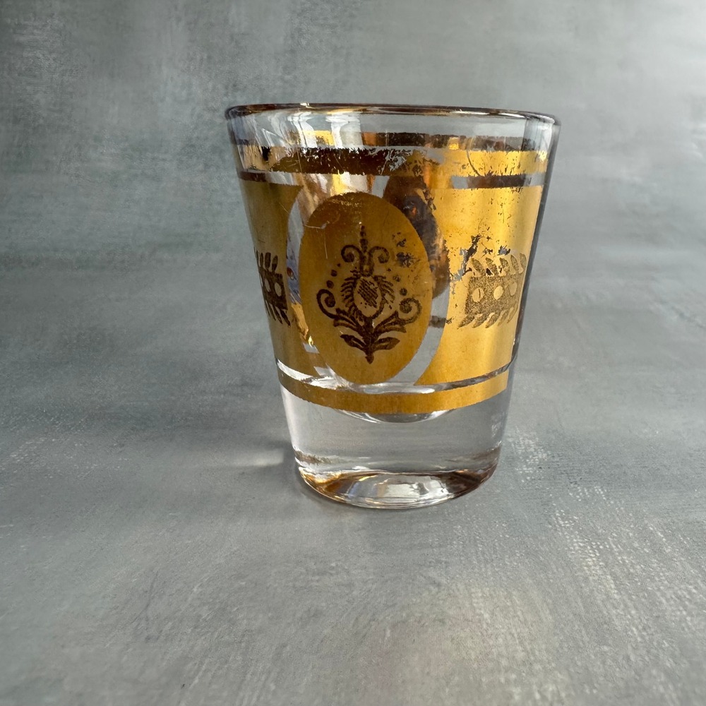 Shot Glass 2.25" Gold Vintage Ornate Medallion MCM Barware